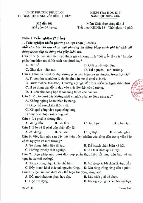 Đề thi Học kì 1 GDCD 8 năm 2025-2026 trường THCS Nguyễn Bỉnh Khiêm (Hà Nội)